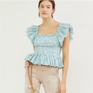 Love The Label Blue White Smocked Ruffle Cotton Top